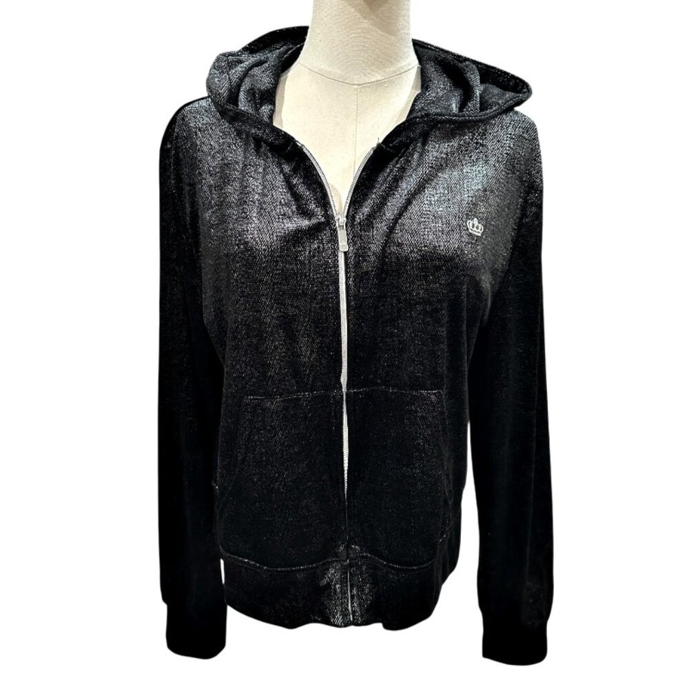 Juicy Couture Zip Hoodie Black Size XL Shiny Shimmery Velour Track Jacket Y2K